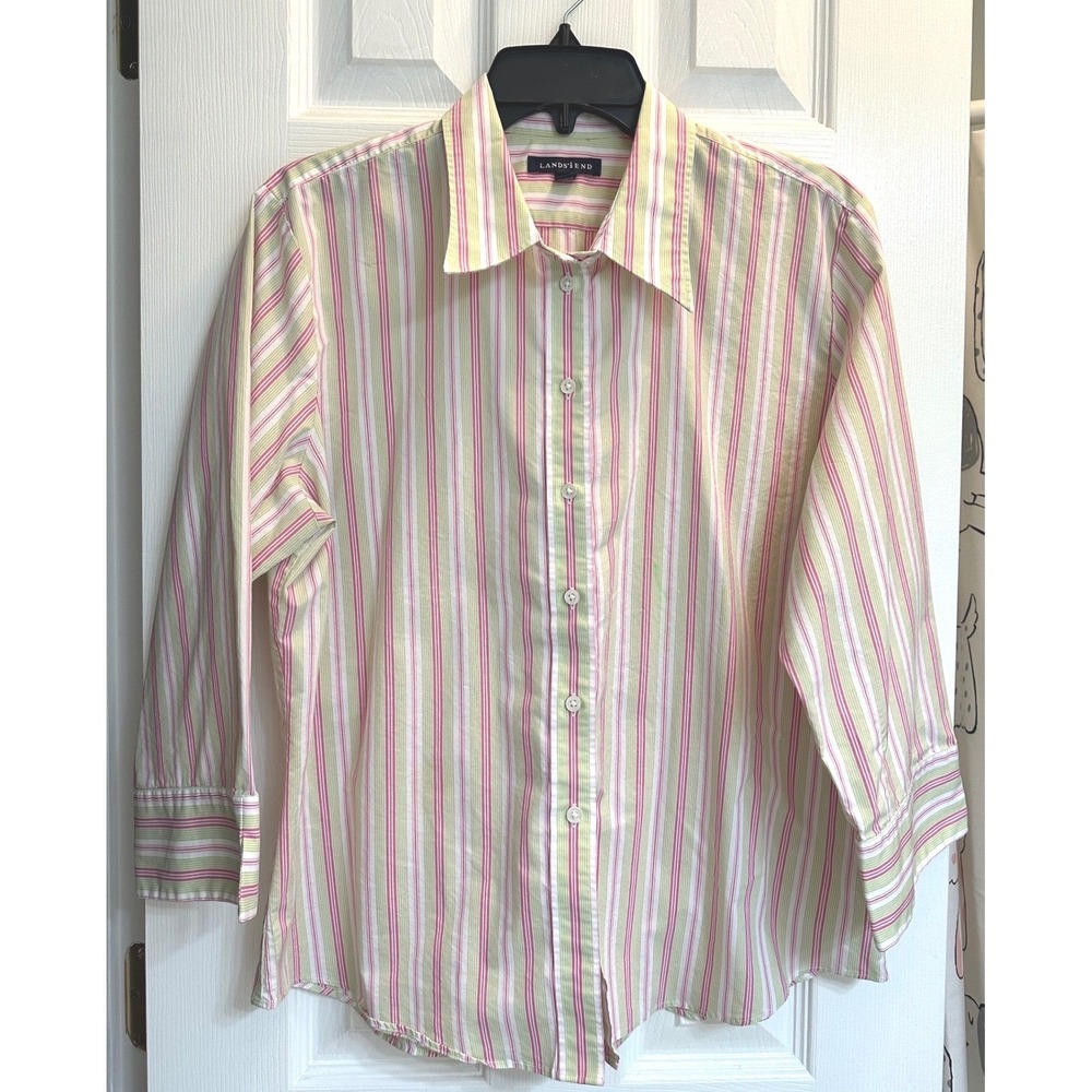 Lands End Womens 18 Pink Green Striped 3/4 Sleeve Button Down Shirt Cotton Blend
